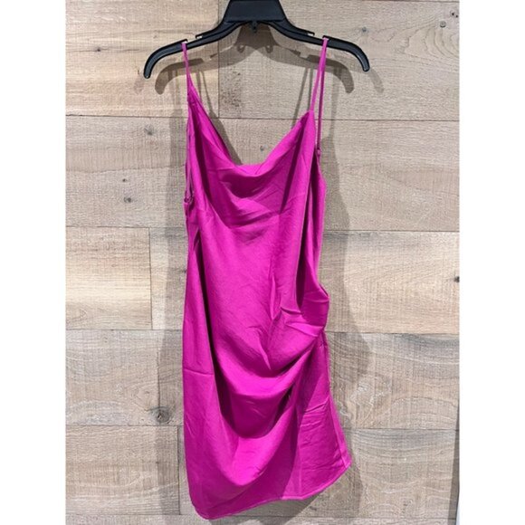 LULUS Pixie Perfect Magenta Satin Cowl Neck Slip Mini Dress Size L - Picture 4 of 10